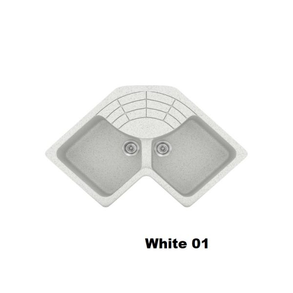White Crispy Modern 2 Bowl Composite Corner Kitchen Sink with Drainer 83x83x50 01 Classic 310 Sanitec
