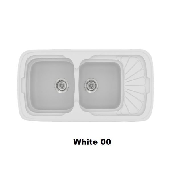 Λευκος συνθετικος νεροχυτης κουζινας με 2 γουρνες και μαξιλαρι μοντερνος White 00 Classic 304 Sanitec
