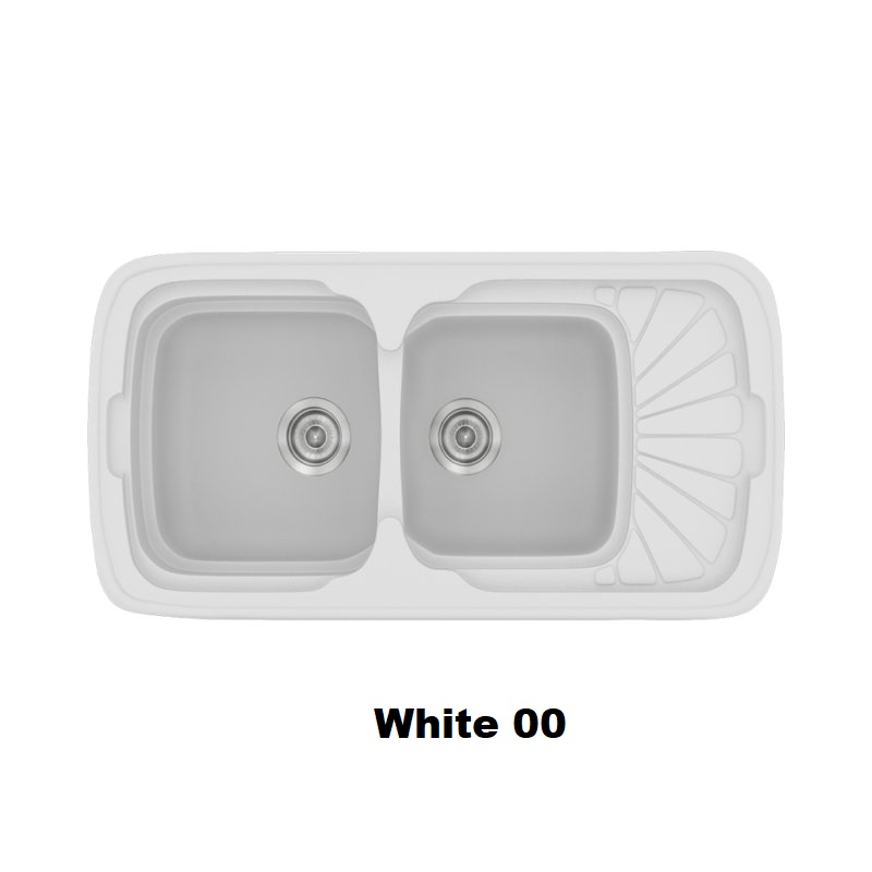 Ασπρος συνθετικος νεροχυτης κουζινας με 2 γουρνες και μαξιλαρι μοντερνος White 00 Classic 304 Sanitec