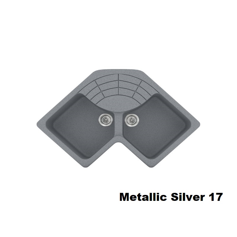 Metallic Silver Modern 2 Bowl Composite Corner Kitchen Sink with Drainer 83x83x50 17 Classic 310 Sanitec