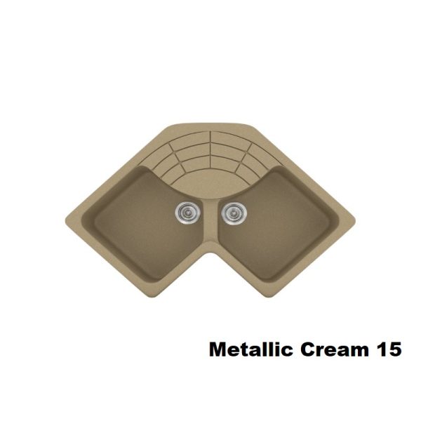 Metallic Cream Modern 2 Bowl Composite Corner Kitchen Sink with Drainer 83x83x50 15 Classic 310 Sanitec