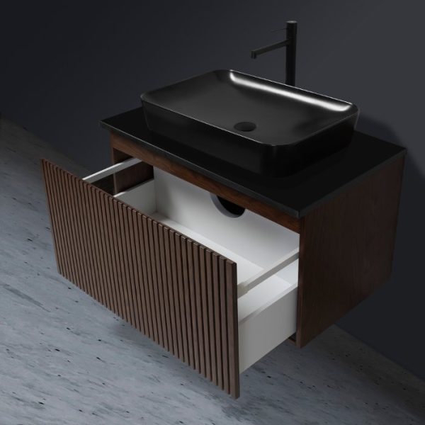 Modern Plywood Wall Hung 1 drawer vanity unit with black corian worktop Set Dress Brown Top