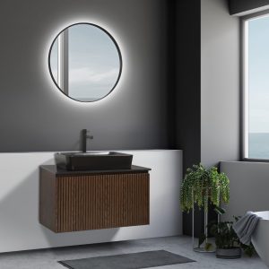 Plywood Wall Hung 1 Drawer Vanity Unit with Black Corian Worktop & Led Mirror Set Dress Brown Top