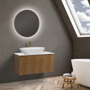 Modern Beige Plywood Wall Hung Bathroom Furniture Set Dress Natural Top