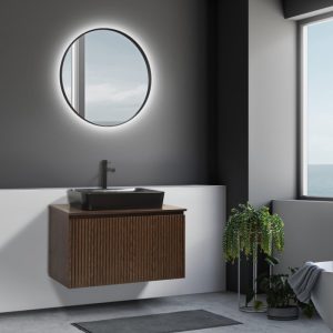 Modern Plywood Wall Hung 1 Drawer Vanity Unit with Worktop & Led Mirror Set Dress Brown Top