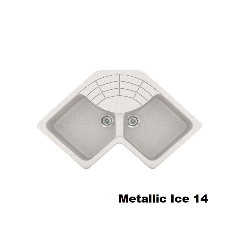 Metallic Ice White Modern 2 Bowl Composite Corner Kitchen Sink with Drainer 83x83x50 14 Classic 310 Sanitec