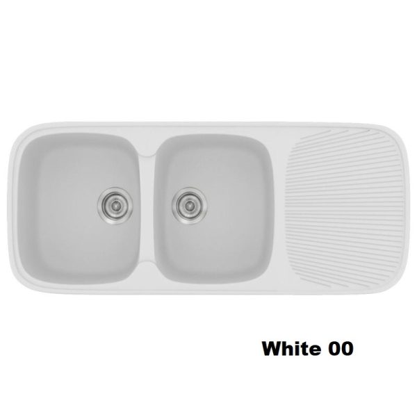 Λευκος συνθετικος νεροχυτης κουζινας μοντερνος με δυο γουρνες και μαξιλαρι 116χ50 White 00 Classic 300 Sanitec