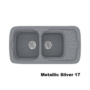 Metallic Silver Modern 2 Bowl Composite Kitchen Sink with Small Drainer 17 96x51 Classic 304 Sanitec