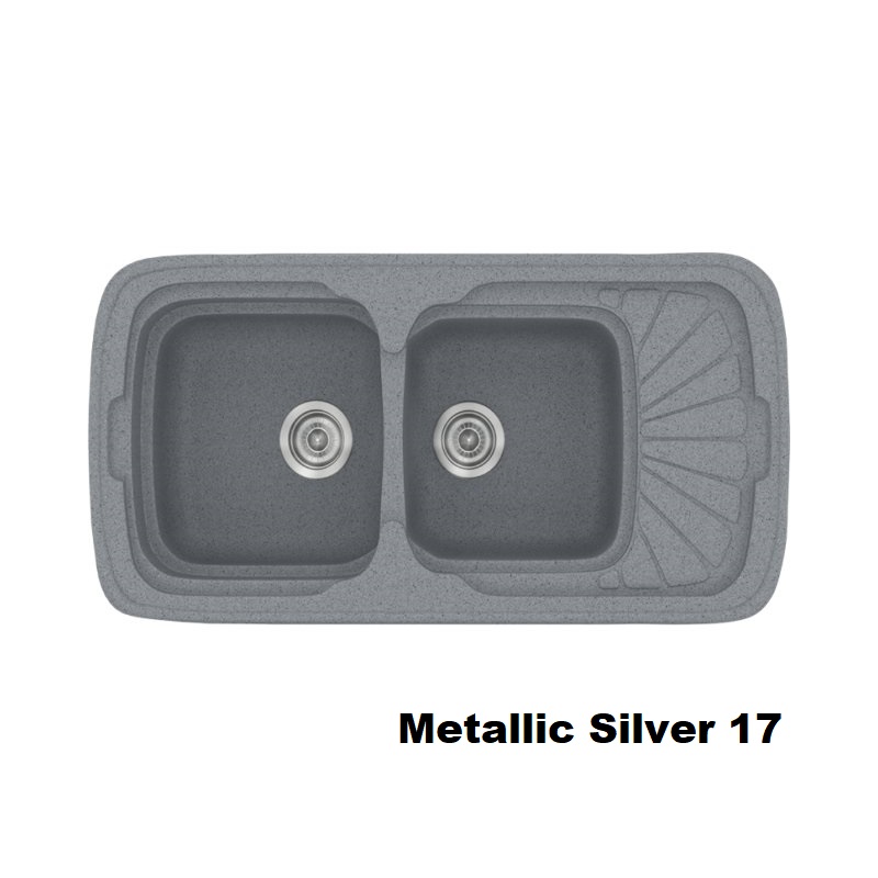 Metallic Silver Modern 2 Bowl Composite Kitchen Sink with Small Drainer 17 96×51 Classic 304 Sanitec