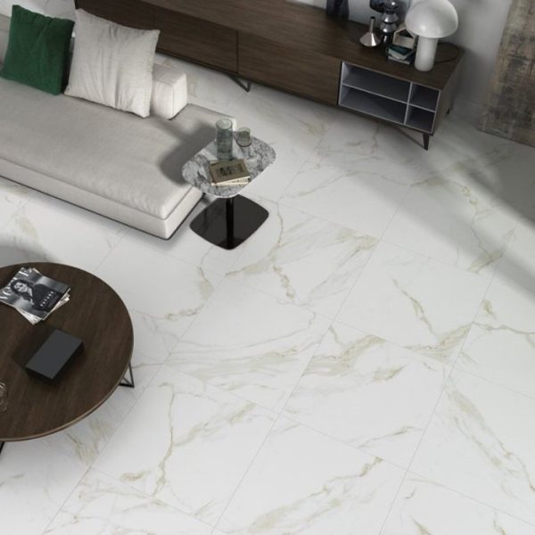 White Glossy Marble Effect Floor Gres Porcelain Tile 60,5x60,5 Naos Gold