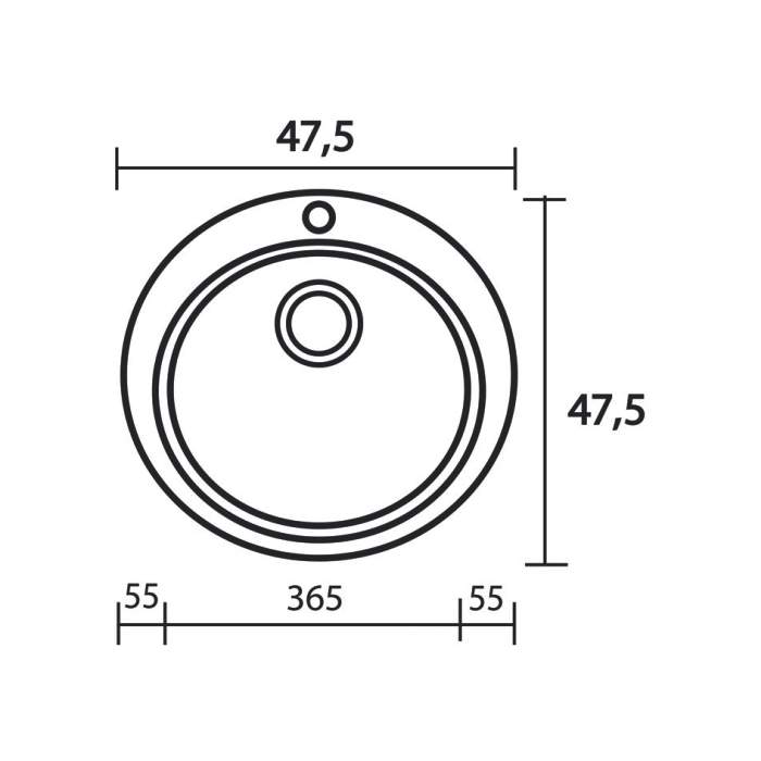 Σχεδιαγραμμα στρογγυλου συνθετικου νεροχυτη κουζινας με 1 γουρνα φ48 Classic 316 Sanitec