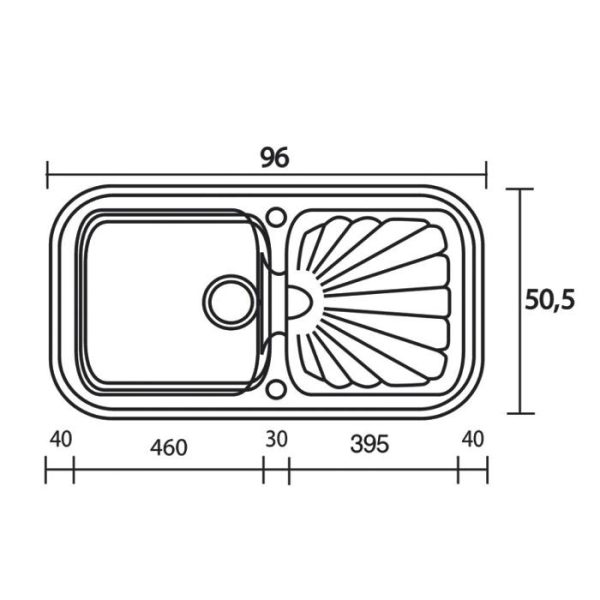 Σχεδιαγραμμα συνθετικου νεροχυτη κουζινας με μια γουρνα συν ποδια 96χ51 Classic 306 Sanitec