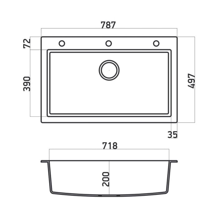 Σχεδιαγραμμα συνθετικου νεροχυτη κουζινας με 1 γουρνα 79χ50 Classic 333 Sanitec