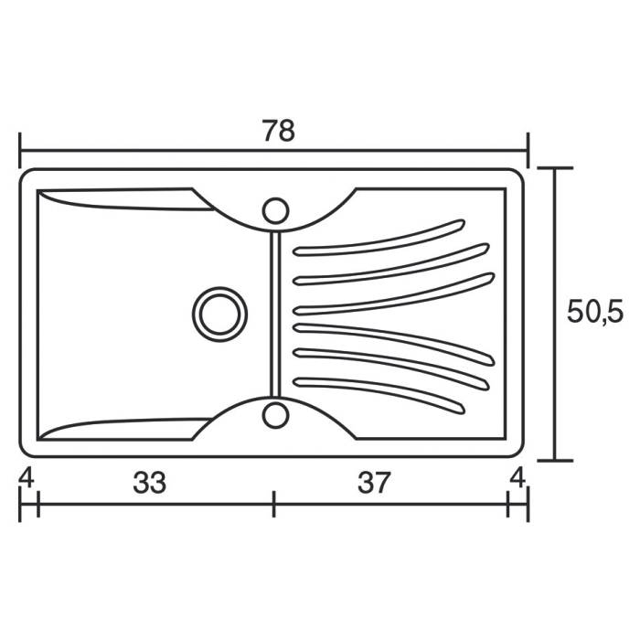 Σχεδιαγραμμα συνθετικου νεροχυτη κουζινας με 1 γουρνα και ποδια 78χ50 Classic 327 Sanitec