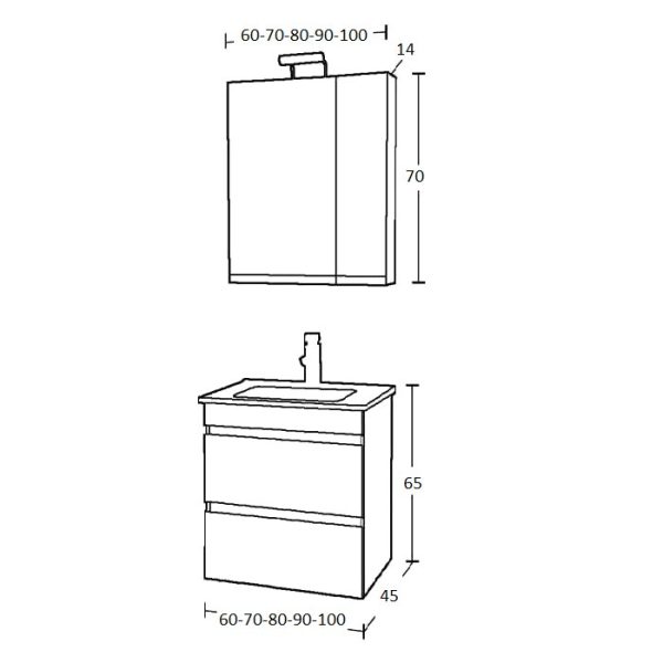 Modern MDF White Wall Hung 2 Drawer Bathroom Furniture with Wash Basin & Mirror SET Katarina Dimensions