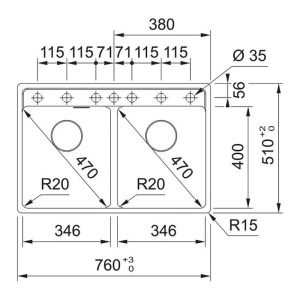 Σχεδιαγραμμα διπλου νεροχυτη κουζινας γρανιτη 76χ51 Franke Maris MRG 610-35-35 TL