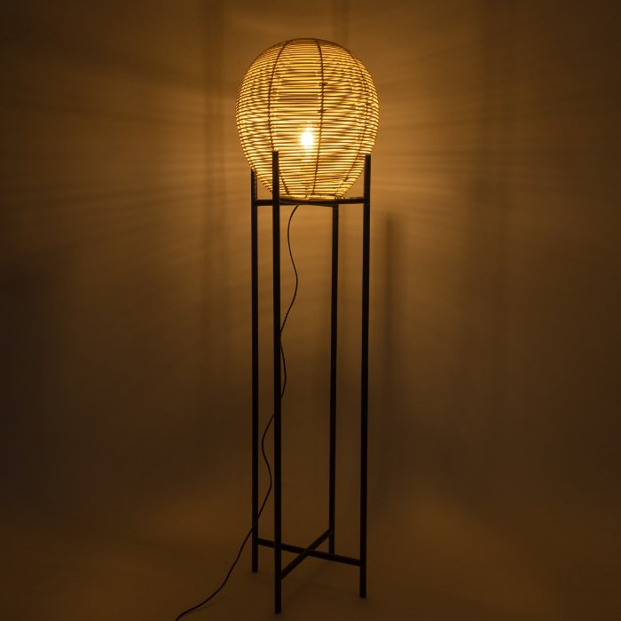Vintage Living Room 1-Light Floor Lamp with Black Metal Base & Bamboo Beige Shade Ø40 H160 02016 Nerina