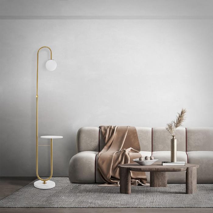 Living Room Built In Table Floor LampModern 1-Light Gold Metal with White Glass Shade 180H 02025 Cordelia