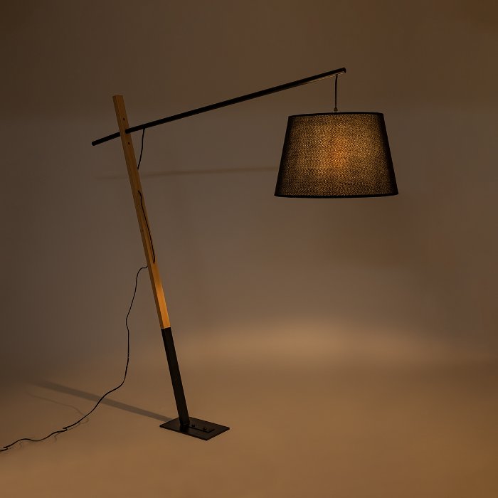 Industrial 1-Light Wooden Metal Floor Lamp with a Black Fabric Shade 140H 02029 Kelsie