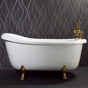 Luxury White Free Standing Bath Tub with Gold Legs & Gold Shower Mixer Tap 171x86 Flobali Retro