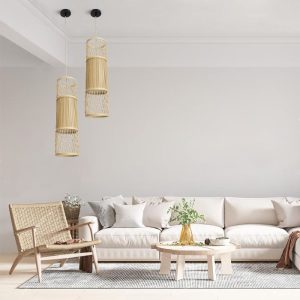 Boho Living Room 1-Light Beige Bamboo Wooden Pendant Ceiling Light Ø20 H70 01933 Hibiscus