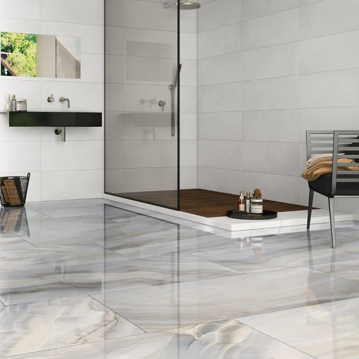 White Glossy Onyx Effect Wall & Floor Gres Porcelain Tile 60×120 Onice Perla