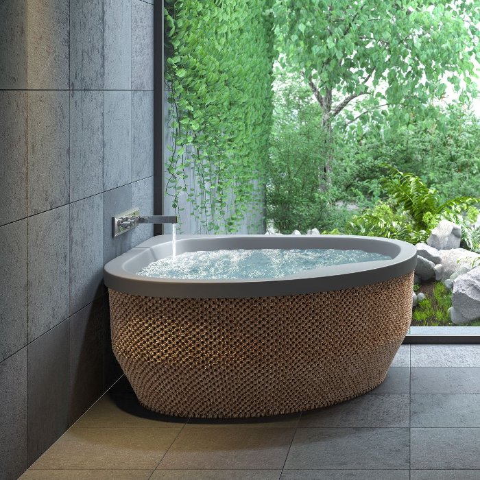 Modern Corner 2 Person Bath Tub with Knitted Basket Covering 150x150 cm Diva Acrilan