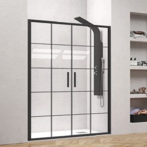 Large Black Grid Double Sliding Shower Door 5mm Safety Glass Nanoskin 190H Efe 600 Frame Karag