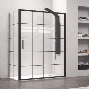 Modern Black Grid Rectangular Shower Enclosure 5mm Safety Glass Nanoskin 190H EFE 400 Frame Karag