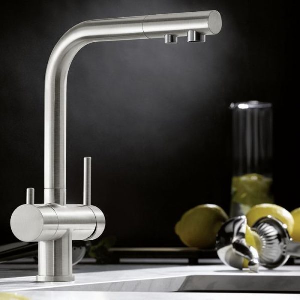 Silver Satin PVD Steel Water Filter Kitchen Mixer Tap with 2-Way Pull Out Spray 525199 Blanco Fontas-S II