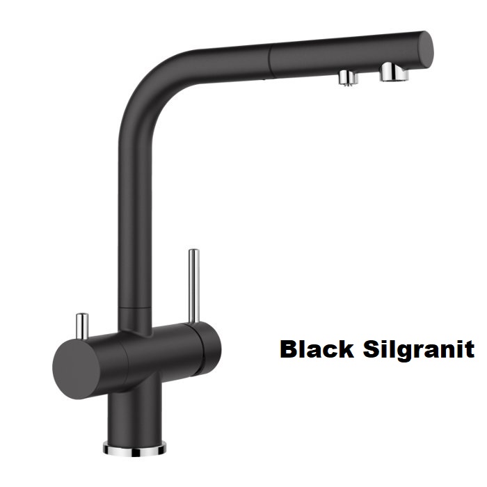 Black Silgranit Water Filter Kitchen Mixer Tap with 2-Way Pull Out Spray 526158 Blanco Fontas-S II