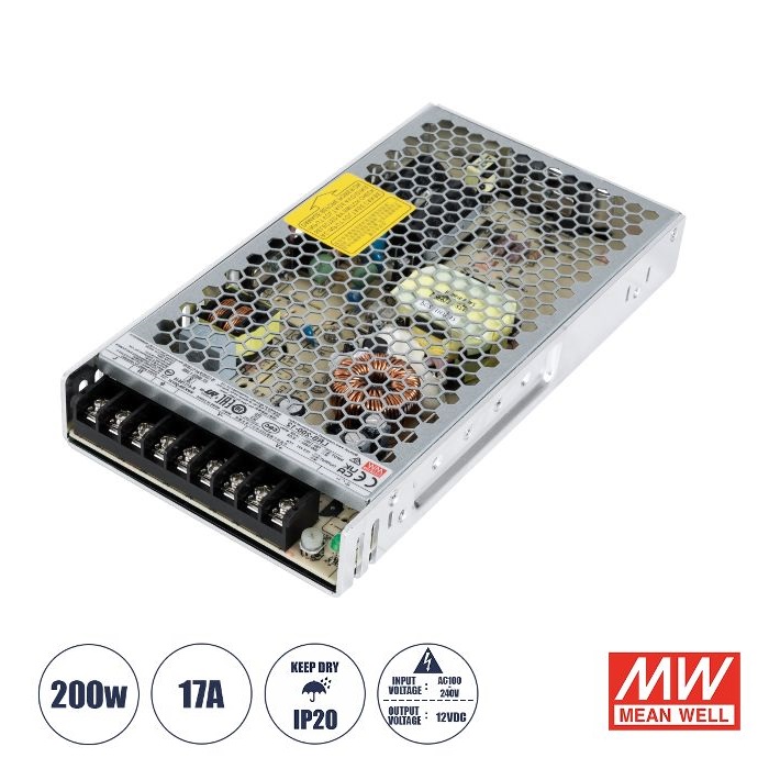 Ρυθμιζόμενο Μεταλλικό PELV Τροφοδοτικό LED 200 Watt 17A IP20 από 220-240V AC σε 12V DC 90782 Meanwell