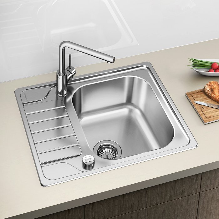 Modern 1 Bowl Stainless Steel Kitchen Sink with Reversible Drainer 60,5×50 Dinas 45 S Mini Blanco