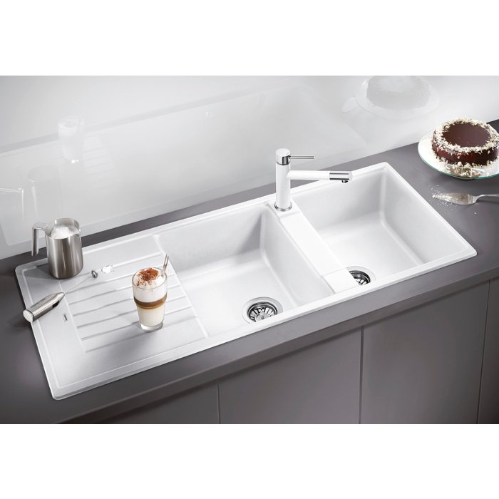 Modern White 2 Bowl Granite Kitchen Sink with Reversible Drainer 116×50 ZIA 8 S Blanco