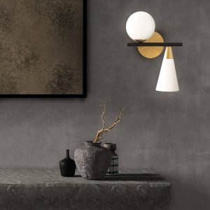 Modern Dining Room Italian 2-Light Black Bronze Wall Sconce with Two White Glass Shades 2925 Mikado A Sikrea