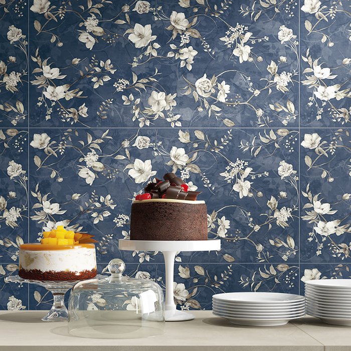 Διακοσμητικα πλακακια τοιχου κουζινας με λουλουδια μπλε ματ 60χ120 Deco Studio Del Conca