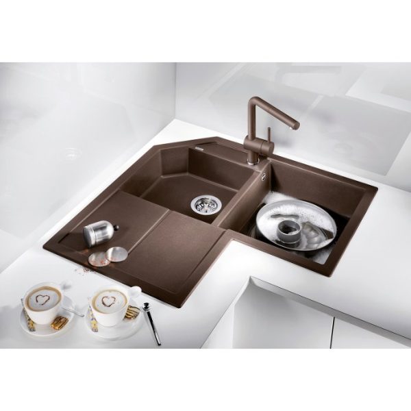 Modern Coffee 2 Bowl Granite Corner Kitchen Sink with Left Drainer 83x83 Metra 9 E Blanco