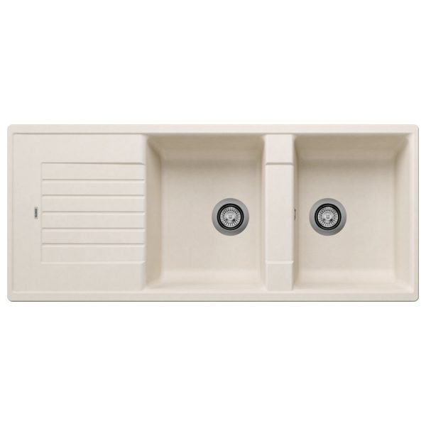 Modern Ecru 2 Bowl Granite Kitchen Sink with Reversible Drainer 116x50 ZIA 8 S Soft White Blanco