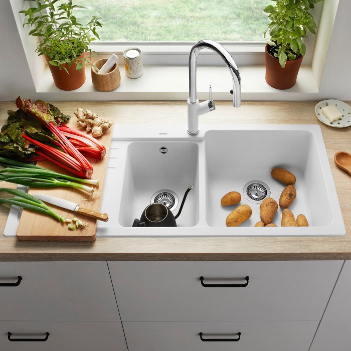 Modern White 2 Bowl Granite Kitchen Sink with Left Drainer 116×50 Naya 8 S Blanco