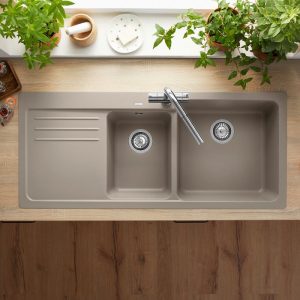 Modern Tartufo 2 Bowl Granite Kitchen Sink with Left Drainer 116x50 Naya 8 S Blanco