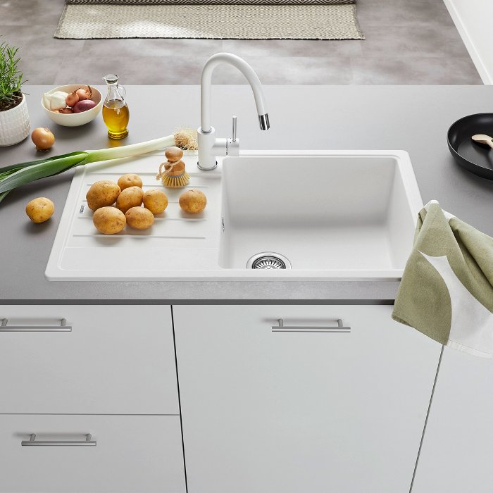 Modern White 1 Bowl Granite Kitchen Sink with Reversible Drainer 86×50 Legra XL 6 S Blanco