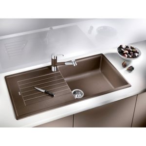 Modern Coffee 1 Bowl Granite Kitchen Sink with Reversible Drainer 100x50 Zia XL 6 S Blanco