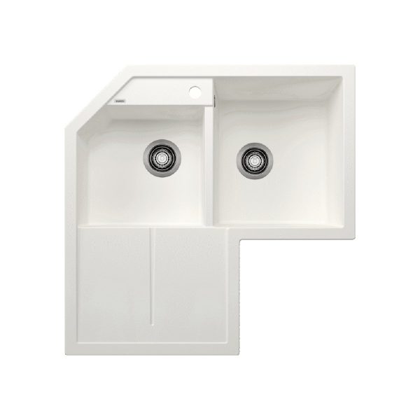 Modern 2 Bowl White Corner Kitchen Sink with Left Drainer 83x83 Metra 9 E Blanco