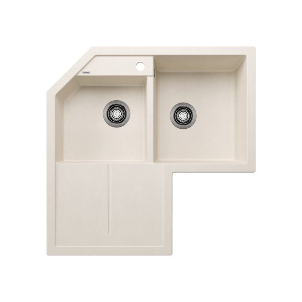 Modern Soft White 2 Bowl Granite Corner Kitchen Sink with Left Drainer 83x83 Metra 9 E Blanco
