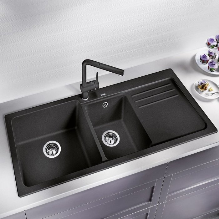 Modern Black 2 Bowl Granite Kitchen Sink with Right Drainer 116×50 Naya 8 S Blanco