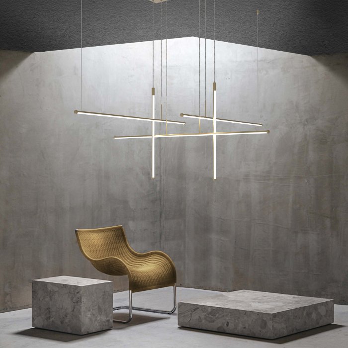 Modern Living Room Italian Gold Linear Pendant Ceiling Light Led 64 Watt 7166 Elia S5 Sikrea