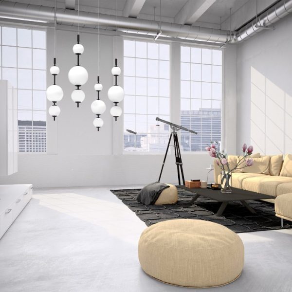 Italian Living Room Modern Black Pendant Ceiling Light Led with Three White Glass Shades 4141 Tolomeo S1 Sikrea