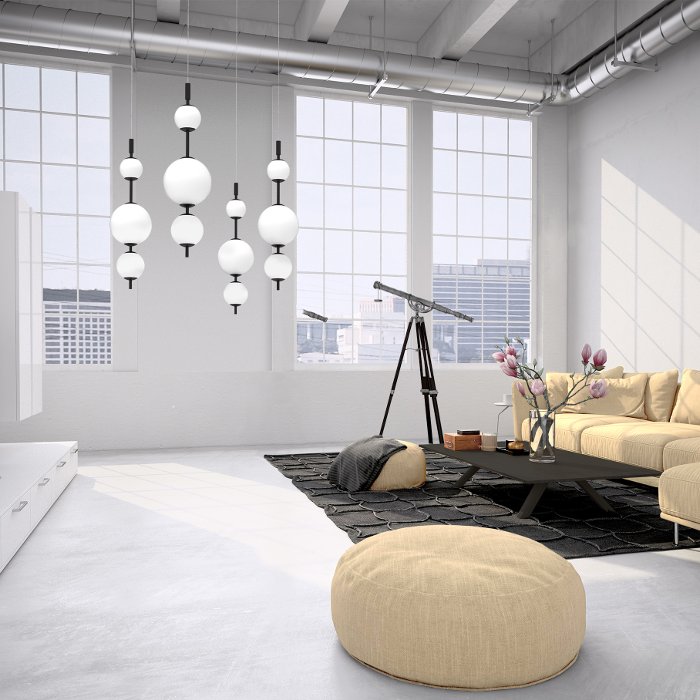 Modern Living Room Italian Black Pendant Ceiling Light Led with Three White Glass Shades 4141 Tolomeo S1 Sikrea