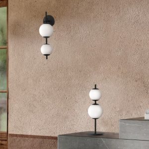 Table Lamp and Wall Sconce Modern Italian BLack Led with Two White Glass Shades 4110 Tolomeo A Sikrea