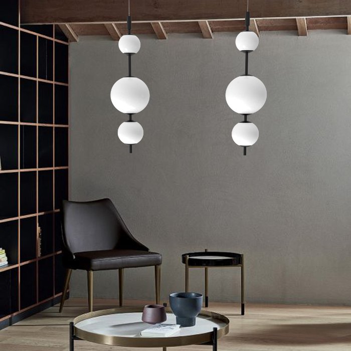 Study Room Modern Italian Black Pendant Ceiling Light Led with Three White Glass Shades 4141 Tolomeo S1 Sikrea